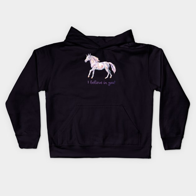 Unicorn I Believe in You Kids Hoodie by wanderinglaur